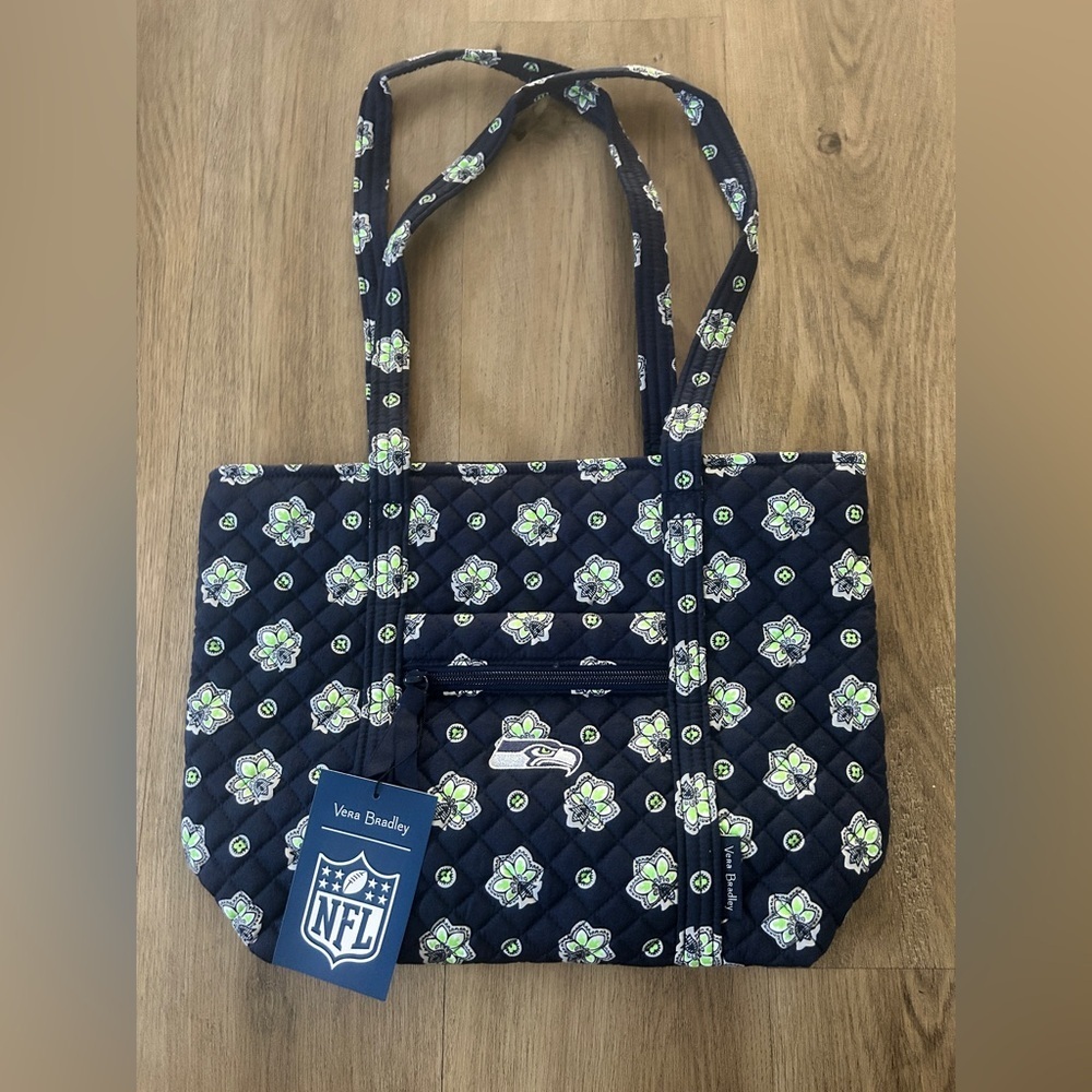 Vera Bradley NFL Seattle Seahawks Cotton Vera Tote Bag (Navy/Neon Green) NWT - Picture 4 of 6